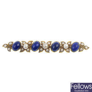 A lapis lazuli, seed and split pearl brooch.