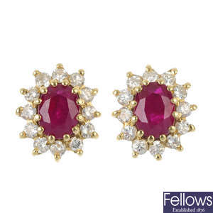 A pair of 18ct gold ruby and diamond cluster ear studs.