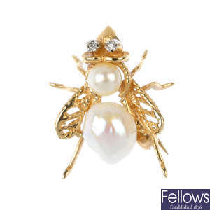 A diamond and cultured pearl fly brooch.