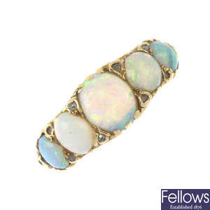A mid 20th century 18ct gold opal five-stone ring.