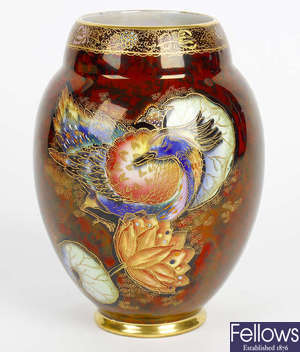 A Carltonware crested bird and water lily vase. 