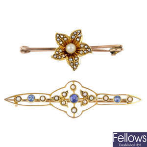 Two early 20th century gold split pearl and gem-set bar brooches.
