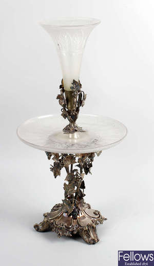 A silver plated and glass epergne. 