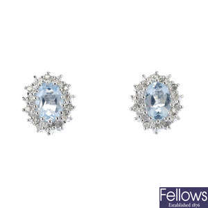 A pair of aquamarine and diamond cluster ear studs. 