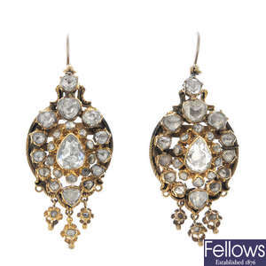 A pair of diamond and enamel ear pendants.