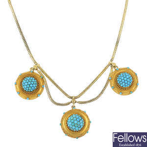 A late 19th century gold turquoise necklace. 