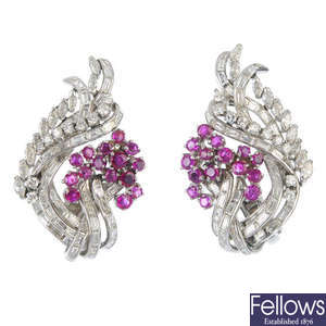A pair of mid 20th century ruby and diamond floral earrings. 