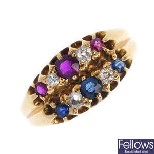 An Edwardian 18ct gold ruby, sapphire and diamond ring.
