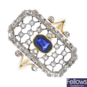 An early 20th century gold sapphire and diamond dress ring.