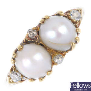 An Edwardian 18ct gold split pearl and diamond ring.