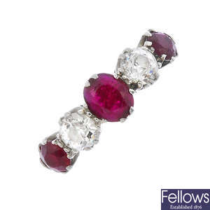 A ruby and diamond five-stone ring. 