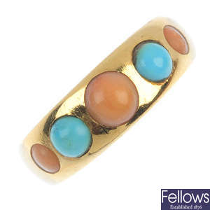An early 20th century 18ct gold coral and turquoise five-stone ring. 