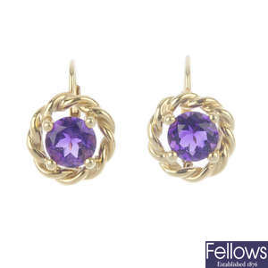 A pair of amethyst earrings and a belcher-link chain. 