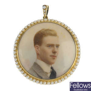 An early 20th century 15ct gold seed pearl portrait pendant.