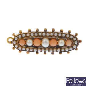 A late Victorian 18ct gold coral and split pearl memorial brooch.