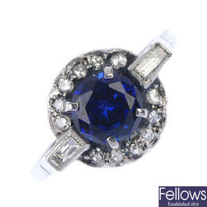 A synthetic sapphire and diamond cluster ring.
