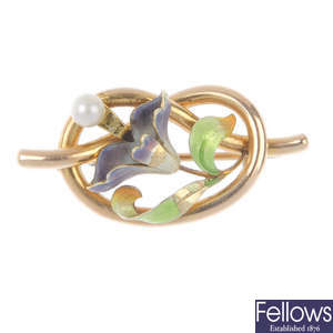 An early 20th century 15ct gold enamel and cultured pearl brooch.