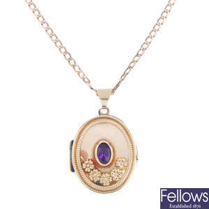 Two 9ct gold gem-set lockets and a 9ct gold chain.