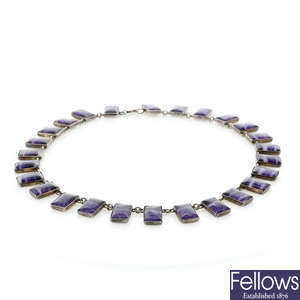 A fine Art Deco sterling silver and Blue John necklace