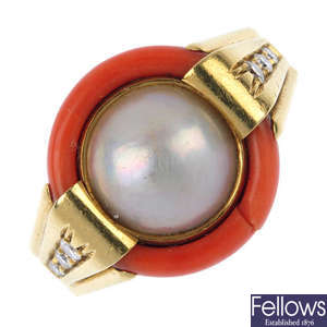 A mabe pearl, coral and diamond dress ring.