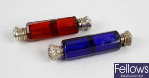 Two coloured glass scent bottles.