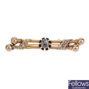 A late 19th century gold diamond and split pearl bar brooch.
