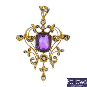 An early 20th century 15ct gold amethyst and seed pearl pendant.