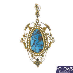 A late 19th century continental 12ct gold turquoise pendant and earrings. 