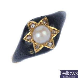 A mid Victorian 18ct gold enamel and gem-set memorial ring.