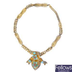 A mid 19th century gold turquoise memorial bracelet.