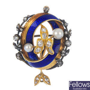 A late 19th century gold and silver cultured pearl, enamel and diamond brooch.
