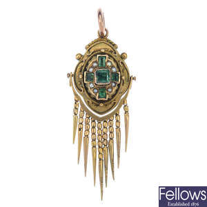 A mid Victorian gold emerald and split pearl pendant.