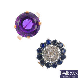 A 9ct gold diamond and sapphire cluster ring, together with a synthetic sapphire single-stone ring. 