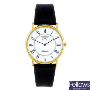 (48067) LONGINES - a gentleman's gold plated Presence wrist watch.
