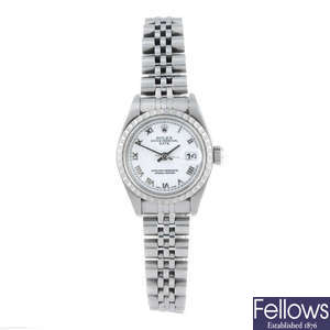 (47585) ROLEX - a lady's stainless steel Oyster Perpetual Date bracelet watch.