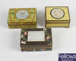 A cloisonne box with jade mounted cover, plus two others.