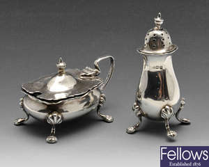 A small selection of silver to include condiments, caddy spoon, vanity pot & flatware.