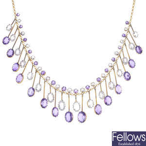 An amethyst and topaz fringe necklace. 