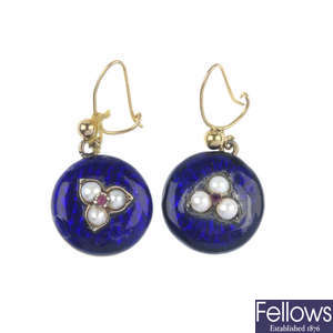 A pair of gem-set and enamel ear-pendants. 