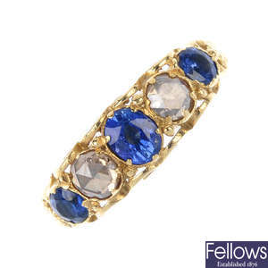 A sapphire and diamond five-stone ring.