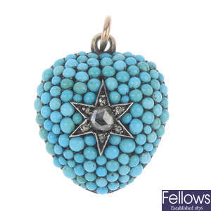 A mid Victorian 15ct gold diamond and turquoise memorial pendant.