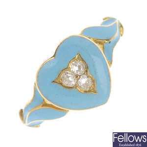 A late 19th century 18ct gold diamond and enamel ring.