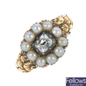 A mid 19th century 15ct gold diamond and split pearl memorial ring.