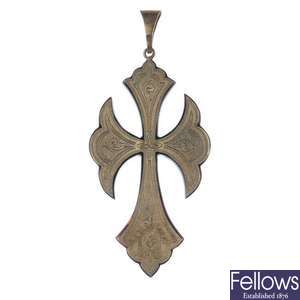 A late 19th century tortoiseshell pique cross pendant.