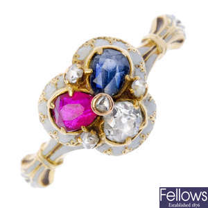 A late 19th century 18ct gold diamond, ruby and sapphire trefoil ring