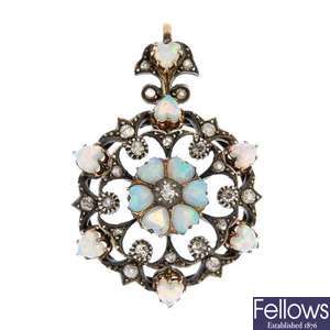A late 19th century silver and 15ct gold opal and diamond pendant.