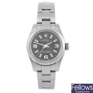 CURRENT MODEL: ROLEX - a lady's stainless steel Oyster Perpetual bracelet watch.