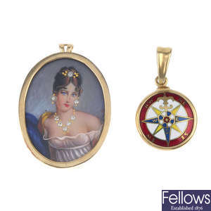 An enamel pendant and a miniature portrait brooch.