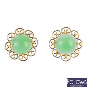 A pair of jadeite floral earrings. 