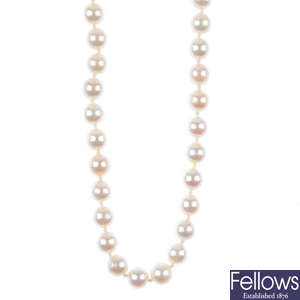 A cultured pearl single-row necklace, with diamond clasp.